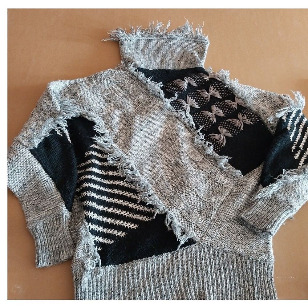 Y2K Answers Fringe Turtleneck Sweater Black Gray Unique